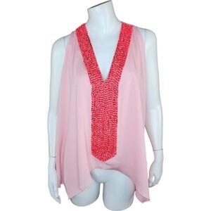 TBAGS LA Sleeveless V-Neck Beaded‎ Front Draped Blouse Top Pink Medium $198 NWT